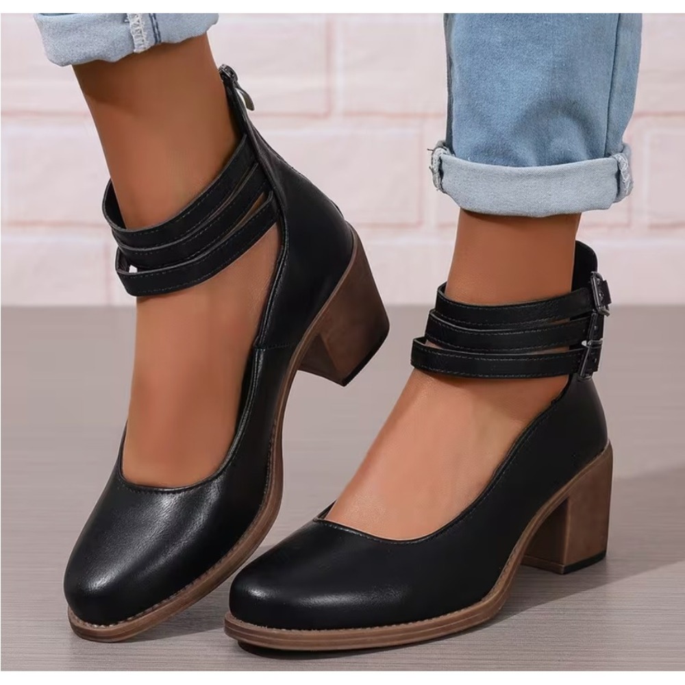 Unbranded Ankle Strap Pumps EU 41 US 10 Black Block Heel Triple Buckle Zip Back